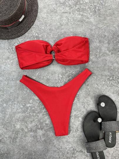 Swim Mod مجموعة بيكيني باندو صلبة اللون للنساء، ملابس شاطئية صيفية بحلقات دائرية