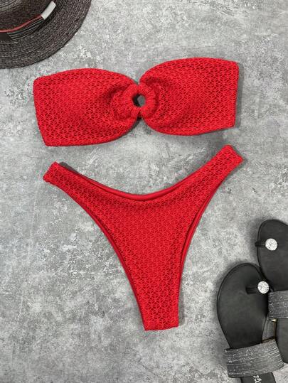 Swim Mod مجموعة بيكيني باندو صلبة اللون للنساء، ملابس شاطئية صيفية بحلقات دائرية