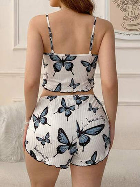 SHEIN بيجامة مكونة من توب كامي وشورت مطبوع عليها فراشات للنساء