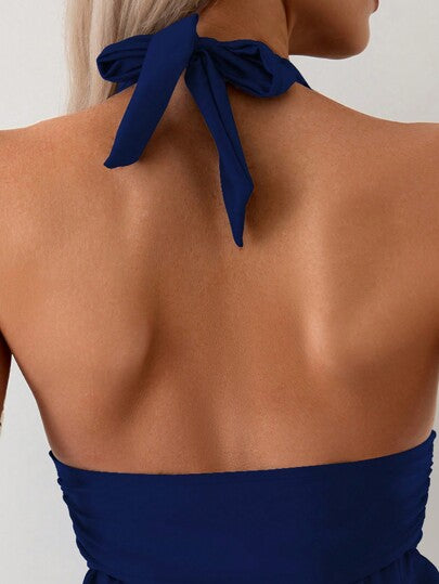 SHEIN Swim مجموعة ملابس سباحة تانكيني شيّقة وناضجة تشمل: توب عاري الظهر بحمالة مستقيمة وشورت منسدل به كسرات