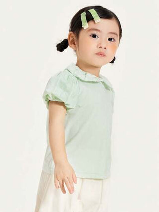 mini bala ملابس علوية أطفال قصير الأكمام، ربيع صيف طفل رضيع، طية رقيقة وجميلة على الياقة، قمصان برقبة للأطفال