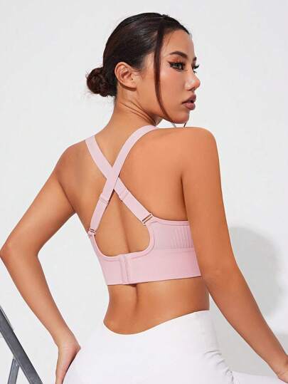 SHEIN Sovereign Charm حمالة صدر رياضية للنساء بدون درز بإغلاق أمامي وظهر عبري