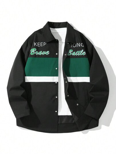 Manfinity Hypemode سترة ربيعية وخريفية كاجوال رجالية بطباعة الحرف وتصميم لوحي متعدد الألوان بأكمام طويلة