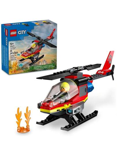 LEGO طائرة مروحية إنقاذ الحرائق في المدينة ، طقم بناء مع رجل إطفاء ودمية طيار، هدية ممتعة أو لعبة الخيال للأولاد والبنات والأطفال من عمر 5 سنوات فما فوق ، 60411، هدايا عيد الميلاد