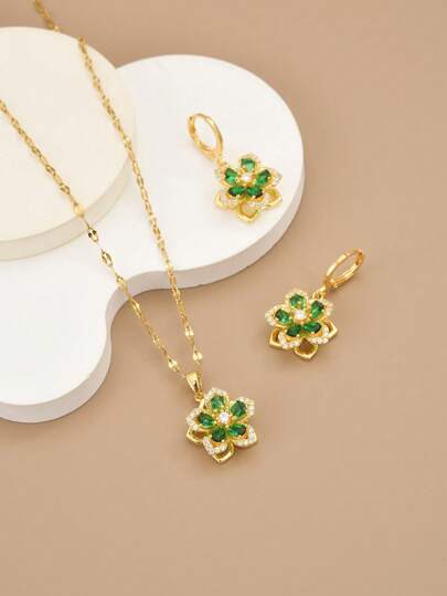 قلادة إستانلس ستيل للنساء بقلادة زهرة خماسية البتلات بتصميم الزركونيا، 1 زوج من أقراط إستانلس ستيل للنساء بزهرة خماسية البتلات بتصميم الزركونيا، هدايا للعيد،الأم،والأم،وعيد الأم