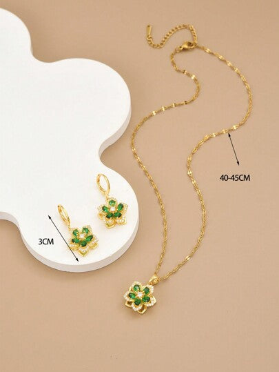 قلادة إستانلس ستيل للنساء بقلادة زهرة خماسية البتلات بتصميم الزركونيا، 1 زوج من أقراط إستانلس ستيل للنساء بزهرة خماسية البتلات بتصميم الزركونيا، هدايا للعيد،الأم،والأم،وعيد الأم