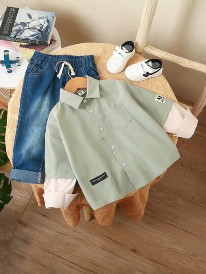 SHEIN رمضان قميص كاجوال بأكمام طويلة للصبي الصغير، 2 في 1، ياقة بسيطة وفضفاضة، أكمام مع تصميم جميل، ملابس كاجوال عصرية للخروجات اليومية والمناسبات والعطلات والمدرسة، قميص سادة للمراهقين، مجموعات للفتيان