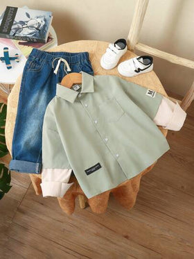 SHEIN رمضان قميص كاجوال بأكمام طويلة للصبي الصغير، 2 في 1، ياقة بسيطة وفضفاضة، أكمام مع تصميم جميل، ملابس كاجوال عصرية للخروجات اليومية والمناسبات والعطلات والمدرسة، قميص سادة للمراهقين، مجموعات للفتيان