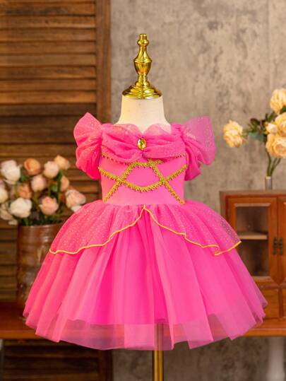 فساتين بيبي Glamorique Kids فستان أميرة الياسمين الوردي لحفلات أعياد الميلاد والأعراس للبنات الرضع، بنقاط براقة، مع جواهر, يصلح للمناسبات المسرحية والصيفية والشواطئ الاستوائية والألعاب الساحلية