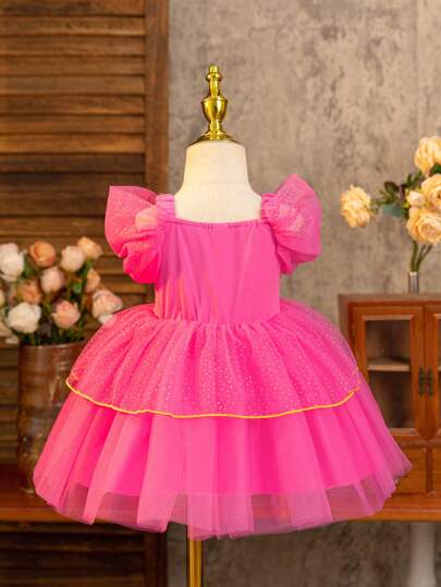 فساتين بيبي Glamorique Kids فستان أميرة الياسمين الوردي لحفلات أعياد الميلاد والأعراس للبنات الرضع، بنقاط براقة، مع جواهر, يصلح للمناسبات المسرحية والصيفية والشواطئ الاستوائية والألعاب الساحلية