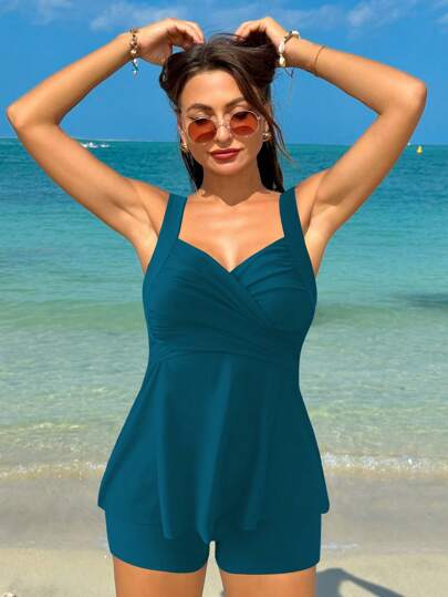 Swim Lushoire طقم تانكيني نسائي بلون صافي لشاطئ الصيف