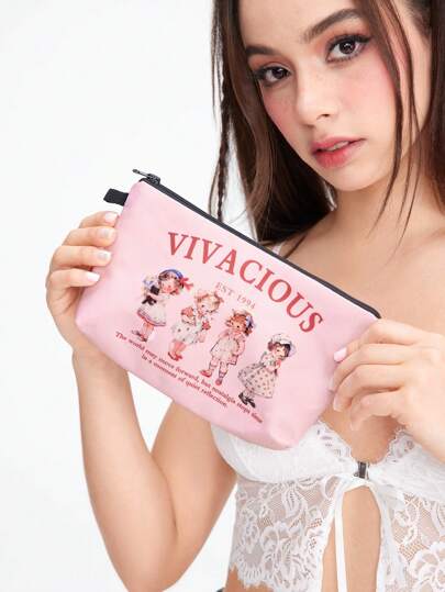 ROMWE Kawaii حقيبة تجميل محمولة بسحاب من البوليستر الوردي بنقش فتاة، منظم حمام السفر للنساء، هدية عيد الأضحى