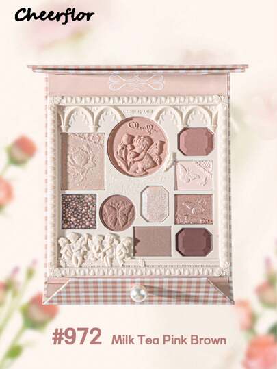 CHEERFLOR CHEERFLOR ظلال عيون صلبة ولامعة في لوحة مكياج محبوكة ، بودرة ظلال عيون كبيرة عالية الصبغة وممتازة الحفاظ على اللون ، لامعة ، خفيفة وناعمة مع مرآة ، بودرة هايلايتر كونتور وأحمر خدود في لوحة مكياج شاملة