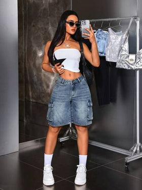SHEIN Tall سروال قصير جينز كاجوال مؤرخ للمرأة، ذو طراز شورت بأجيب الحمل
