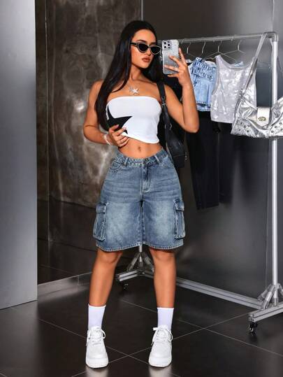 SHEIN Tall سروال قصير جينز كاجوال مؤرخ للمرأة، ذو طراز شورت بأجيب الحمل