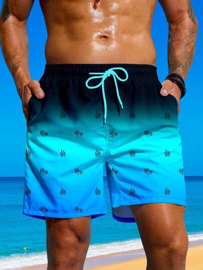 Manfinity Swimmode شورتات شاطئية فضفاضة بسحاب وطبعة أشجار النخيل للرجال للعطلات والاستحمام في المسبح ، لارتداء على الشاطئ وخلال العطلات ، ملابس شاطئية رجالية شاطئية هاواي