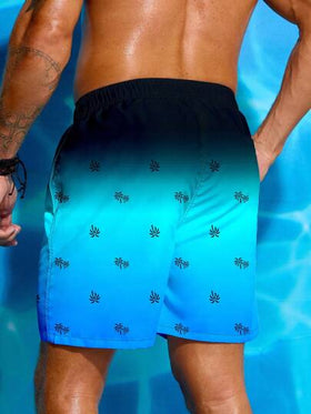 Manfinity Swimmode شورتات شاطئية فضفاضة بسحاب وطبعة أشجار النخيل للرجال للعطلات والاستحمام في المسبح ، لارتداء على الشاطئ وخلال العطلات ، ملابس شاطئية رجالية شاطئية هاواي