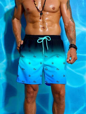 Manfinity Swimmode شورتات شاطئية فضفاضة بسحاب وطبعة أشجار النخيل للرجال للعطلات والاستحمام في المسبح ، لارتداء على الشاطئ وخلال العطلات ، ملابس شاطئية رجالية شاطئية هاواي