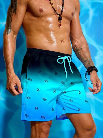 Manfinity Swimmode شورتات شاطئية فضفاضة بسحاب وطبعة أشجار النخيل للرجال للعطلات والاستحمام في المسبح ، لارتداء على الشاطئ وخلال العطلات ، ملابس شاطئية رجالية شاطئية هاواي