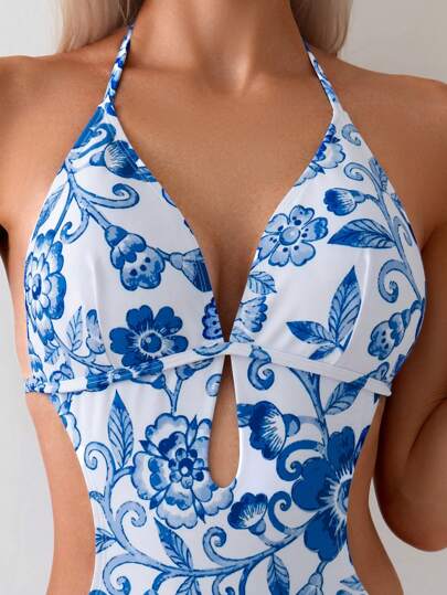Swim Lushoire بدلة سباحة نسائية قطعة واحدة مع طباعة زهرية وربطة عنق للزينة، مثالية للعطلات الصيفية