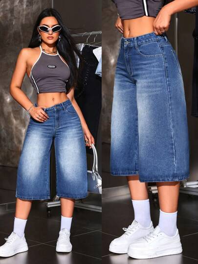 SHEIN ICON جينز السيدات اليومي العادي بطول 3/4
