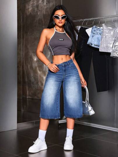 SHEIN ICON جينز السيدات اليومي العادي بطول 3/4