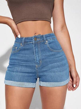 SHEIN Essnce شورت دنيم بحافة ملتف