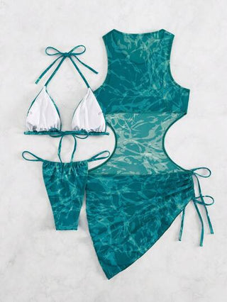 SHEIN Swim مجموعة بيكيني جذابة للنساء مع فستان يغطي بلون مختلف لحمام السباحة في الصيف بنمط ملون وحمالة عنق من الخلف