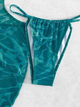 Swim Vcay مجموعة بيكيني جذابة للنساء مع فستان يغطي بلون مختلف لحمام السباحة في الصيف بنمط ملون وحمالة عنق من الخلف