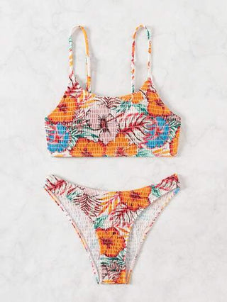 Swim مجموعة بيكيني جذابة بطبعة نباتات استوائية ومطبوعة عشوائية بأكمام مدفوعة للنساء في فصل الصيف على الشاطئ