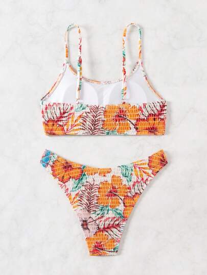 Swim مجموعة بيكيني جذابة بطبعة نباتات استوائية ومطبوعة عشوائية بأكمام مدفوعة للنساء في فصل الصيف على الشاطئ