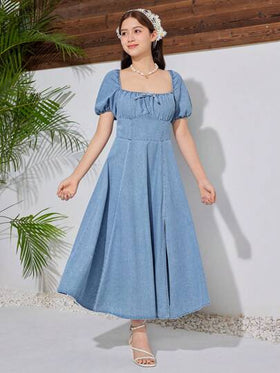 SHEIN فتيات عمرهن 9-14 سنة فستان جينز أزرق