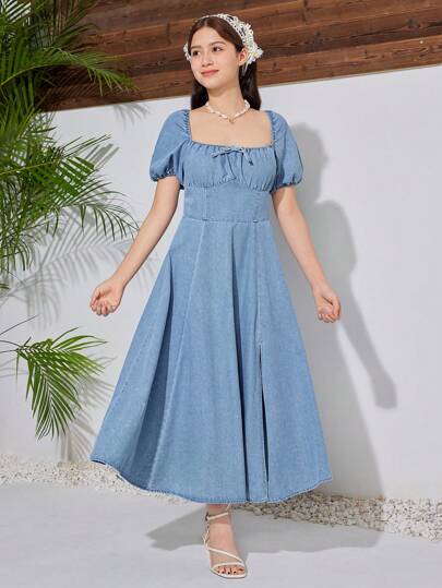 SHEIN فتيات عمرهن 9-14 سنة فستان جينز أزرق