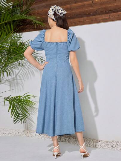 SHEIN فتيات عمرهن 9-14 سنة فستان جينز أزرق