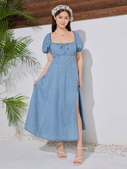 SHEIN فتيات عمرهن 9-14 سنة فستان جينز أزرق