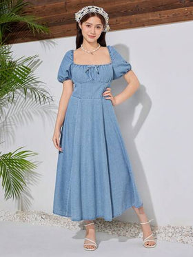 SHEIN فتيات عمرهن 9-14 سنة فستان جينز أزرق