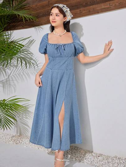 SHEIN فتيات عمرهن 9-14 سنة فستان جينز أزرق