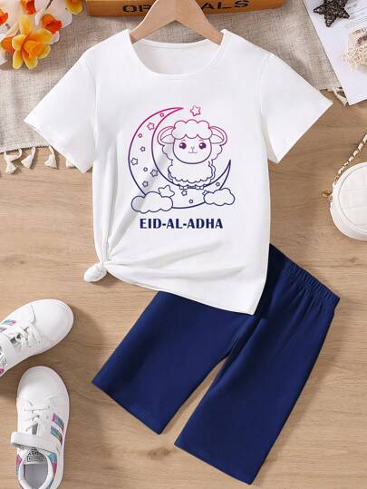 girls-sets ثوب فتاة مراهقة صيفي عارضة مطبوع عليه رسوم كرتونية بأكمام قصيرة وليقنز بلون سادة 2قطعة/مجموعة