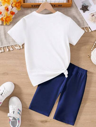 girls-sets ثوب فتاة مراهقة صيفي عارضة مطبوع عليه رسوم كرتونية بأكمام قصيرة وليقنز بلون سادة 2قطعة/مجموعة