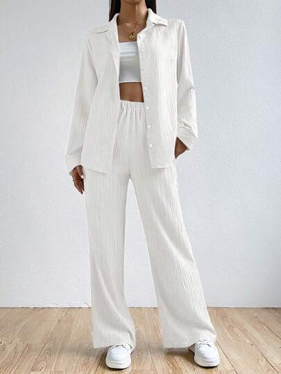 طقم حريمي قطعتين EZwear ملابس نسائية مكونة من قميص وبنطلون طويل بسيط وعصري للإستخدام اليومي