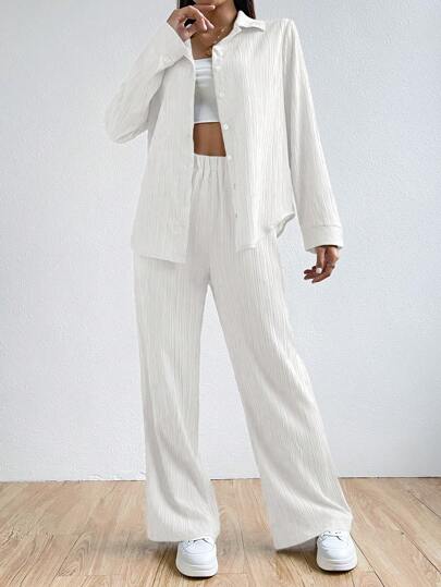 طقم حريمي قطعتين EZwear ملابس نسائية مكونة من قميص وبنطلون طويل بسيط وعصري للإستخدام اليومي