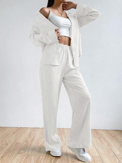 طقم حريمي قطعتين EZwear ملابس نسائية مكونة من قميص وبنطلون طويل بسيط وعصري للإستخدام اليومي