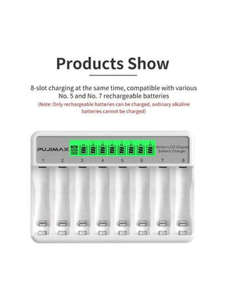 شاحن ذكي للبطاريات NiMH AA/AAA 1.2V من PUJIMAX، 8 فتحات مستقلة، مع شاشة LCD، شاحن USB، شحن سريع، حماية الشحن، الضروريات المنزلية [لا تقم بشحن البطاريات القابلة للاستخدام مرة واحدة]