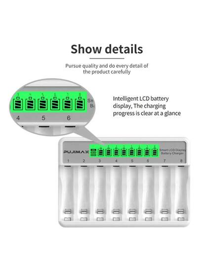 شاحن ذكي للبطاريات NiMH AA/AAA 1.2V من PUJIMAX، 8 فتحات مستقلة، مع شاشة LCD، شاحن USB، شحن سريع، حماية الشحن، الضروريات المنزلية [لا تقم بشحن البطاريات القابلة للاستخدام مرة واحدة]