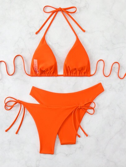 Swim Basics طقم بيكيني 3 قطع من قطعة واحدة للنساء، ذو ياقة حلقي لموسم الصيف، مناسب لعطلات البحر ، اللون البرتقالي، بدلة سباحة