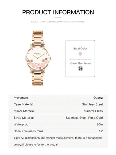 Coach ساعة معصم نسائية بإطار ذهبي وردي بنمط زهري على الواجهة، ساعة أنيقة وفريدة من نوعها بحالة دائرية من الفولاذ المقاوم للصدأ، مقاومة للماء حتى 30 متر، رقم الطراز 14503767