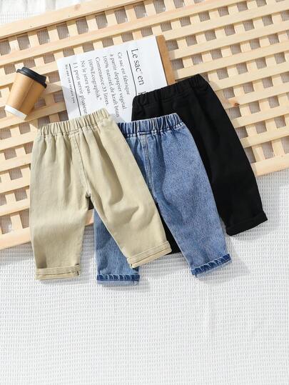 SHEIN Vintaside Kids بنطال جينز رجالي واسع مطاطي للأطفال الرضع، 3 قطع، مناسب للإستخدام العادي