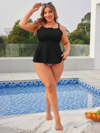Swim Lushoire مجموعة تانكيني بأحزمة سباغيتي بلون سادة لفصل الصيف بمقاس زائد ومع بنطلون داخلي بطبعة مثلثة