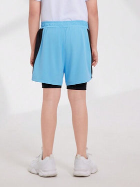 SHEIN شورتات صيفية للأولاد التِوين بالتصميم الاسود والأزرق التصميم التكعيبي مع خصر مطاطي، شورتات خفيفة الوزن تنفس للركض