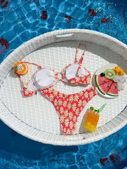 Swim Mod مجموعة بيكيني نسائية بطبعات زهور ودفع وصيفية
